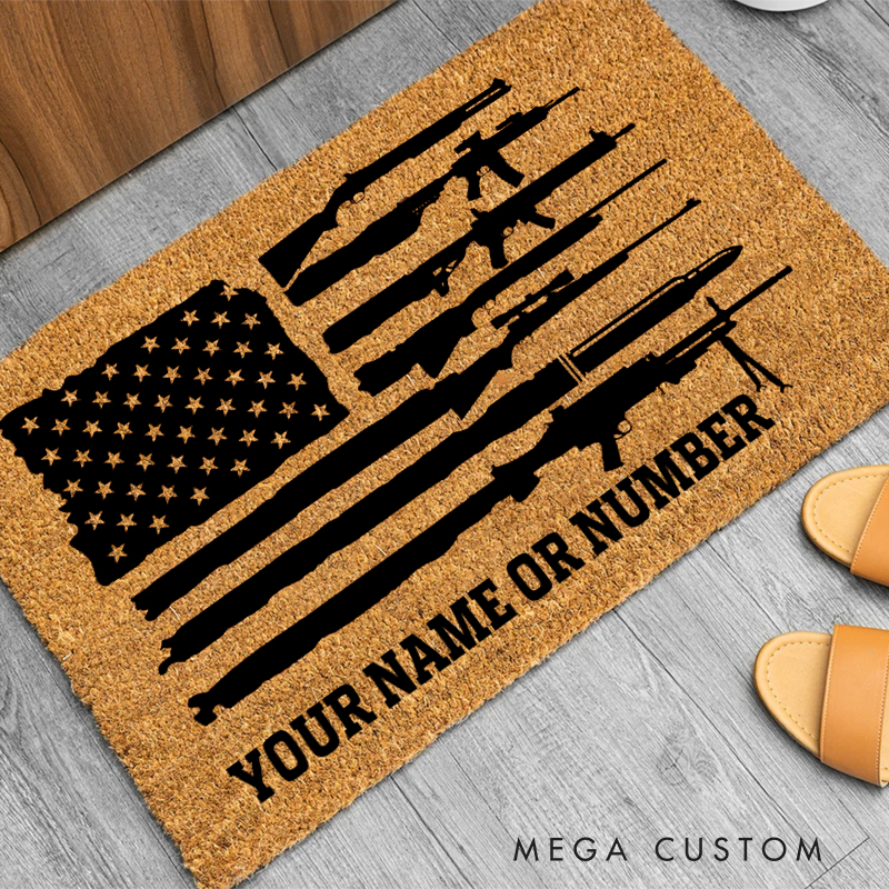 Personalized American Flag Doormat with Rifle Design Gift for Police Officer or Military Families