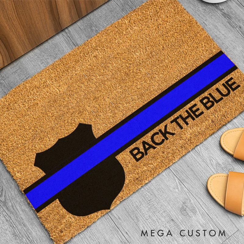 Personalized Back the Blue Doormat with Police Badge and Thin Blue Line Design Support Gift for Law Enforcement Families