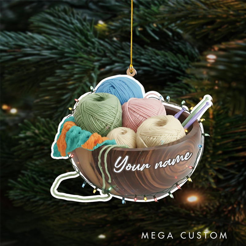 Personalized Yarn Bowl Christmas Ornament Custom Name Knitting Lover Gift Crochet Supplies Decor Unique Fiber Art Holiday Decoration