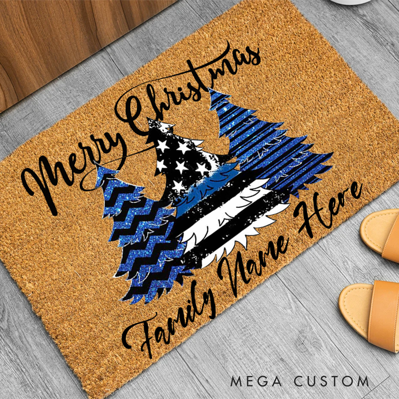 Personalized Merry Christmas Doormat Thin Blue Line Christmas Tree Gift for Law Enforcement Families