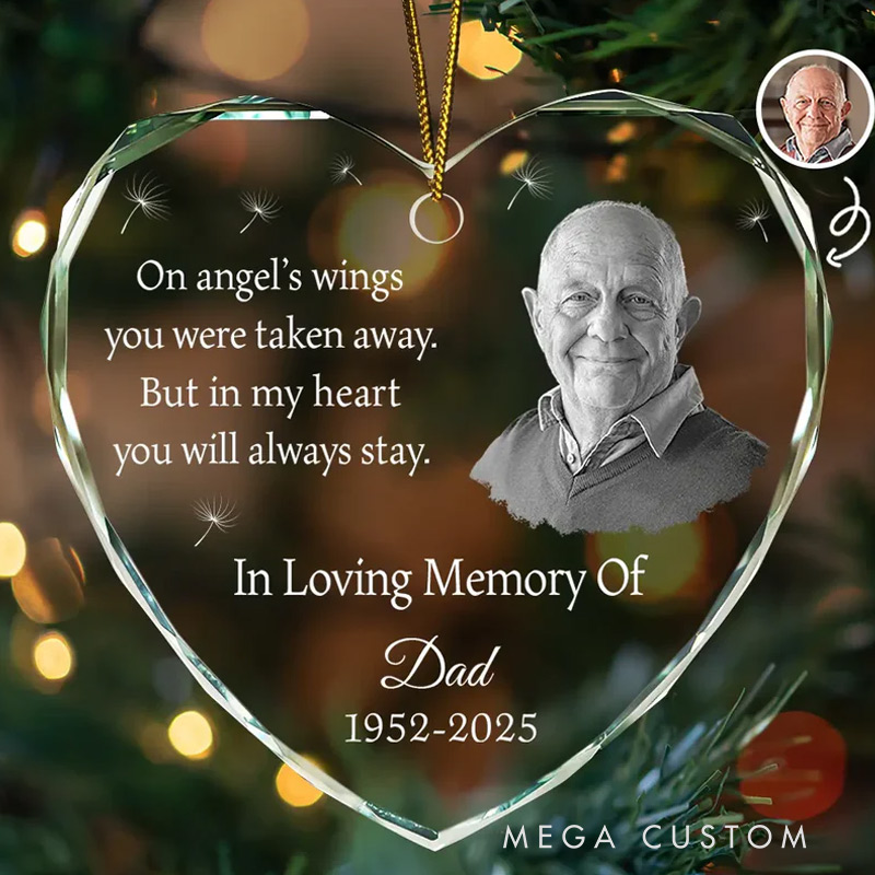 Personalized Heart Shaped Glass Ornament Custom Photo In My Heart You Will Always Stay Memorial Christmas Ornament
