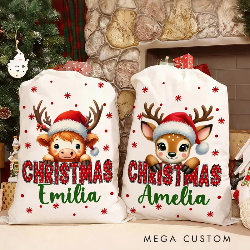 Personalized Santa Hat Deer Fantasy Unicorn Cute Animal Canvas Drawstring Gift Bag with Name Christmas Gift for Family Friends