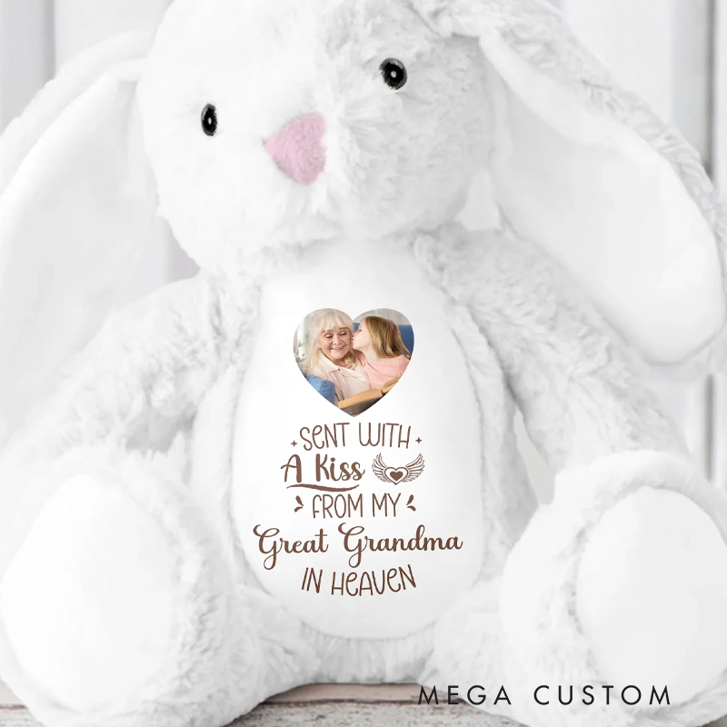 Personalized Sent With A Kiss From Great Grandma In Heaven Custom Photo Stuffed Bunny Gift for Family