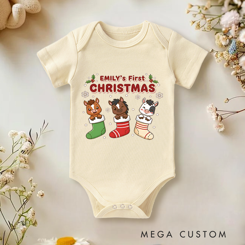 First Christmas Custom Name Baby Onesie Bodysuit with Christmas Stocki