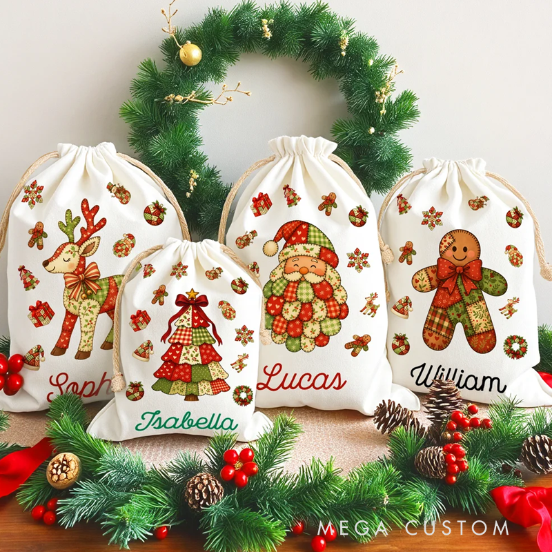 Personalized Patchwork Element Christmas Tree Santa Claus Canvas Drawstring Gift Bag with Name Christmas Gift for Family Kids
