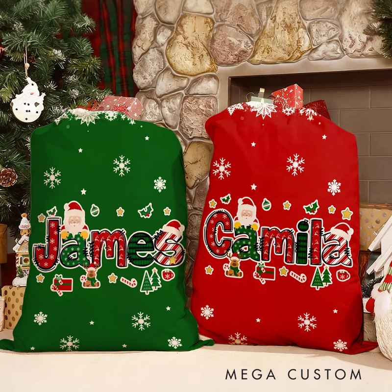 Personalized Santa Claus Elk Christmas Element Alphabet Canvas Drawstring Gift Bag with Name Christmas Gift for Kids