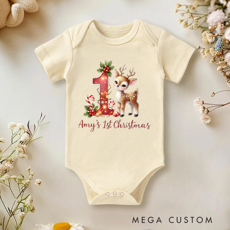 First Christmas Custom Name Baby Onesie Bodysuit with Christmas Stocki