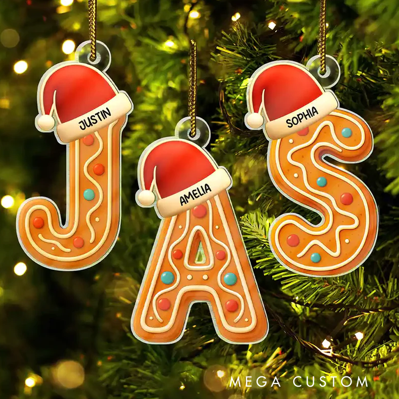 Personalized Festive Gingerbread Letters With Santa Hat Custom Shaped Acrylic Ornament