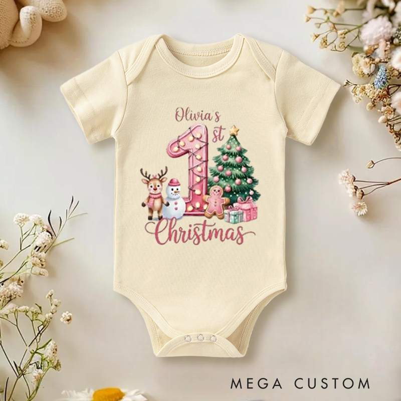 Personalized Baby Onesie and Xmas Baby Bodysuit with Deer Snowman and Christmas Tree Design for Baby's 1st Christmas