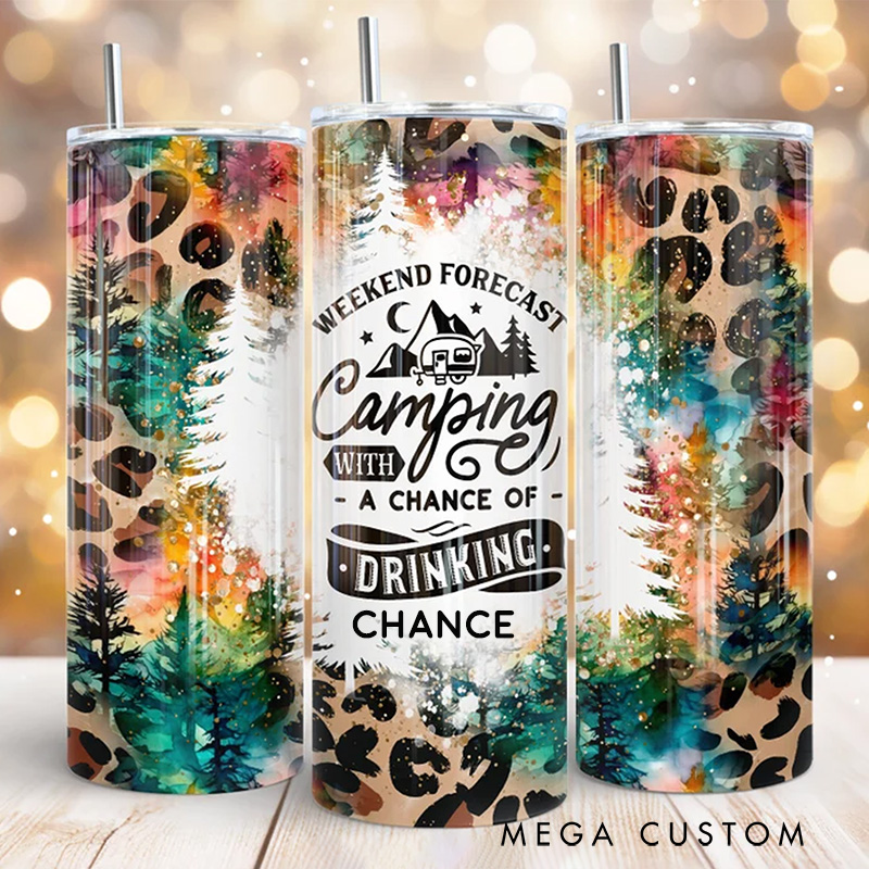 Personalized Camping 20oz Skinny Tumbler Leopard Print and Forest Camping Tumbler for Friends Outdoor Adventures Gift