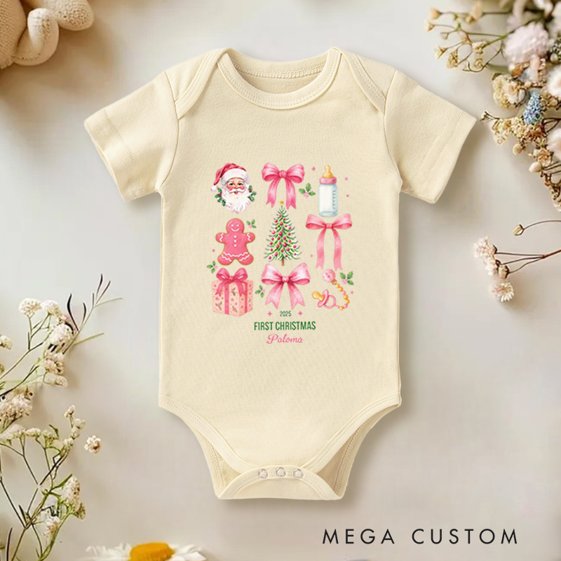Personalized Baby Onesie and Xmas Baby Bodysuit with Festive Combo Design Santa and Gifts All There for Baby's 1st Christmas