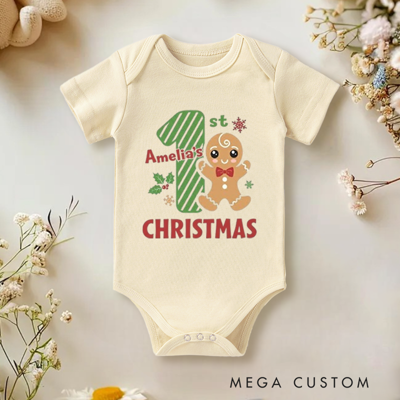 Festive Fun Baby Onesie and Xmas Baby Bodysuit with Gingerbread Man Design for Baby's 1st Christmas
