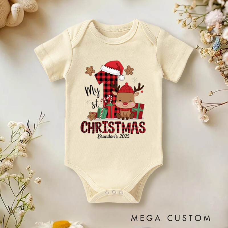Festive Joy Baby Onesie and Xmas Baby Bodysuit with Reindeer and Gift Design for Baby's 1st Christmas