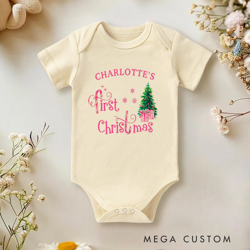 Dreamy Festive Baby Onesie and Xmas Baby Bodysuit with Christmas Tree and Gift Design for Baby Girl's 1st Christmas