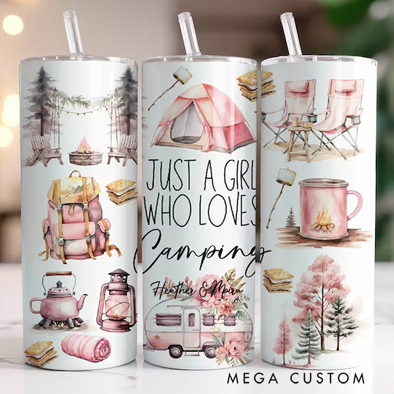 Personalized 20 OZ Skinny Camping Tumbler Elegant Camping Themed Tumbler for Outdoor Enthusiasts