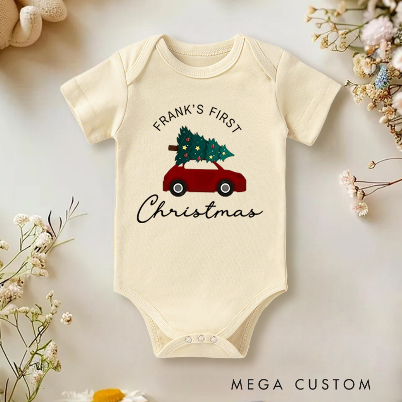 Personalized Baby Onesie and Xmas Baby Bodysuit with Car and Christmas Tree Design for Baby's 1st Christmas