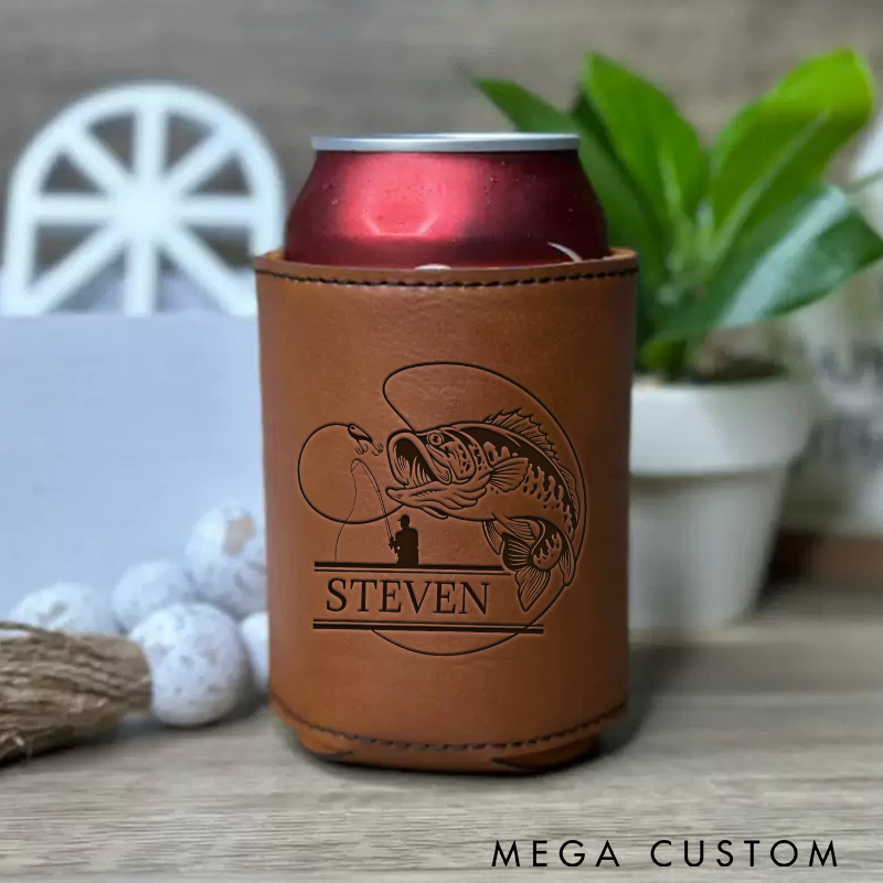 Personalized Fishing Cup Sleeve Fishing Can Cover Leather Design Perfect Gift for Fishing Enthusiasts and Outdoor Adventures