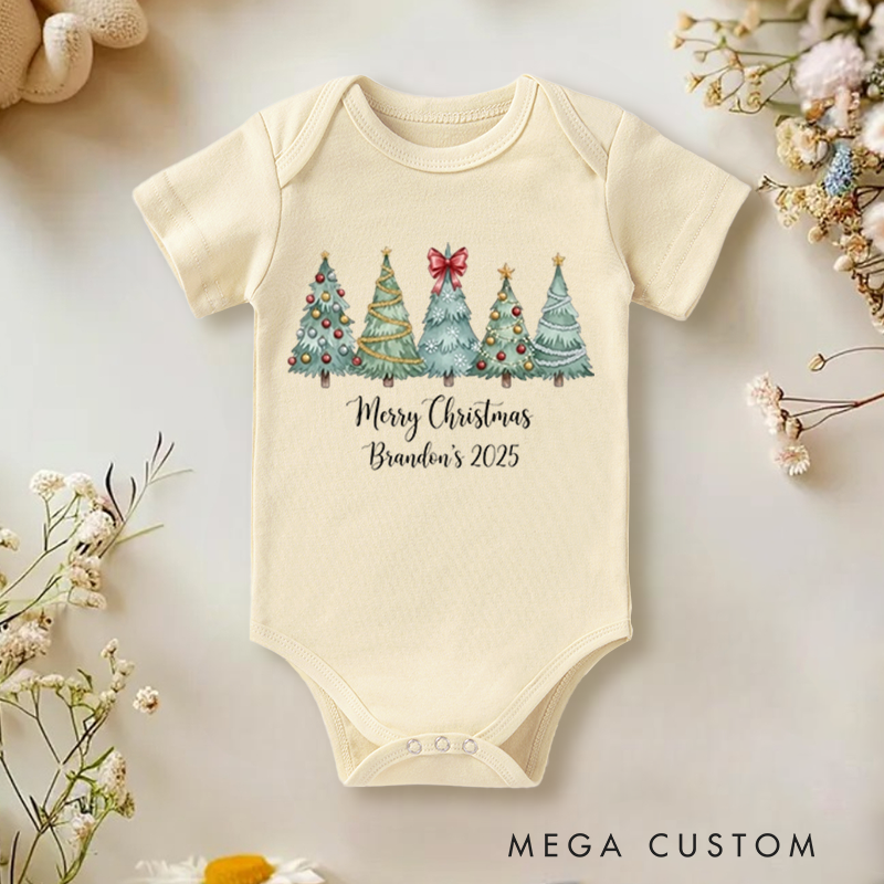 Personalized Baby Onesie and Xmas Baby Bodysuit with Forest Christmas Tree Design for Christmas in 2025