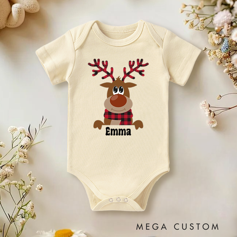 Personalized Baby Onesie and Xmas Baby Bodysuit with Cute Reindeer Design for Baby's Christmas Festive Celebration