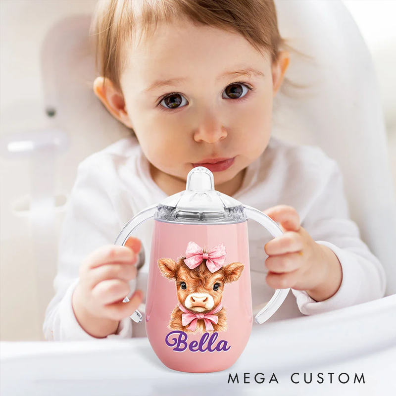 Personalized Cute Highland Cow 10 oz Insulated Name Sippy Cup with Lid and Handle Birthday Baby Shower Gift for Toddler Kids
