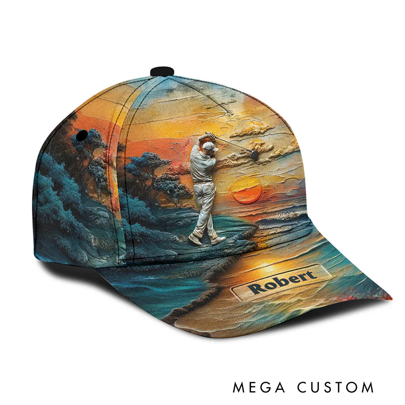 Personalized Golf Cap with 3D Sunset and Custom Name Design  