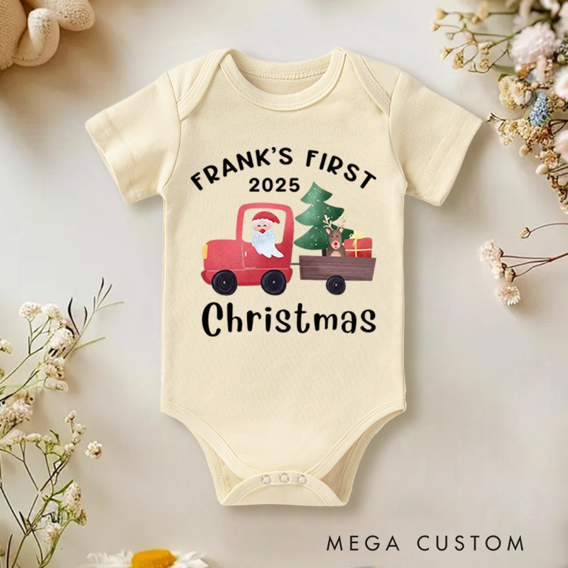 Personalized Baby Onesie and Xmas Baby Bodysuit with Santa and Christmas Tree Truck Design for Baby's 1st Christmas