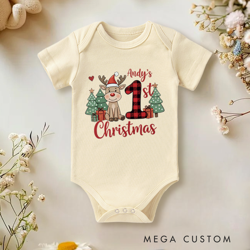 Personalized Baby Onesie and Xmas Baby Bodysuit with Painted Reindeer and Christmas Tree Design for Baby's 1st Christmas