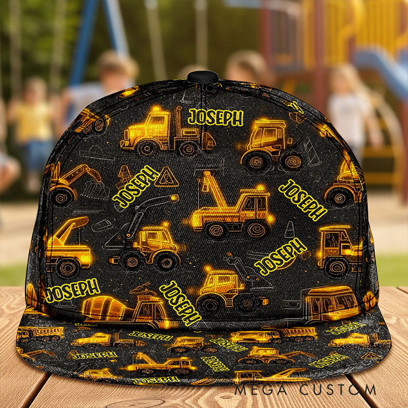 Personalized Construction Cartoon Truck Cap with Custom Name and Bold Industrial Design Perfect for Kids Cap