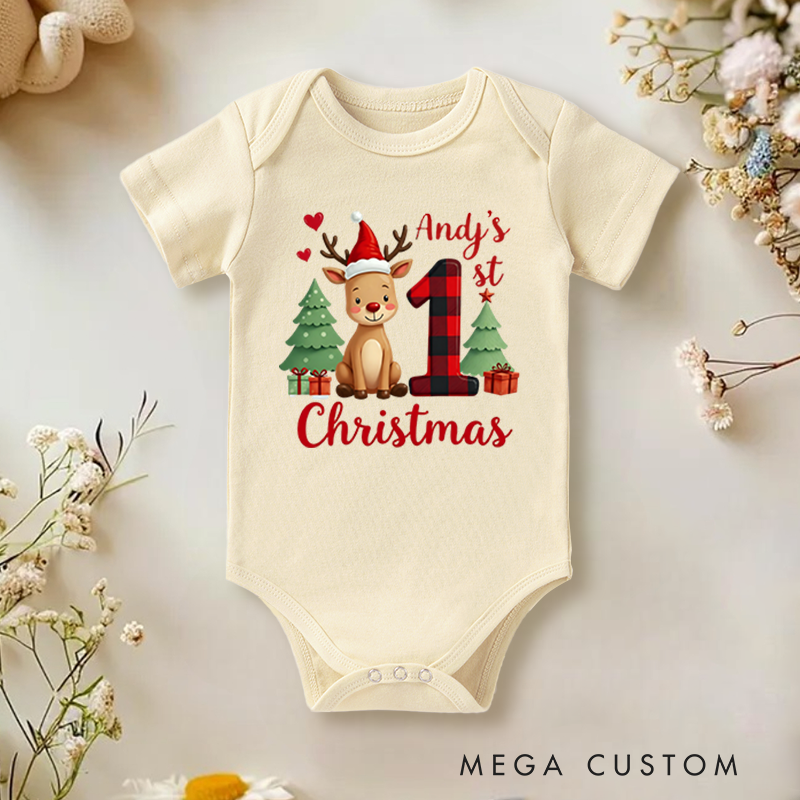Personalized Baby Onesie and Xmas Baby Bodysuit with 3D Reindeer and Christmas Tree Design for Baby's 1st Christmas