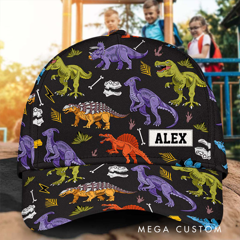 Personalized Dinosaur Pattern Cap with Custom Name and Colorful Prehistoric Design Perfect for Dino Enthusiasts Kid Classic Cap