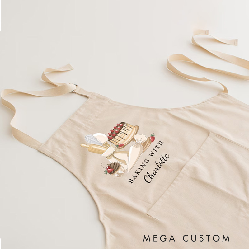 Personalized Cartoon Character Birth Flower Name Adjustable Kid Apron Chef Hat Set with Pocket for Cooking Christmas Birthday Gift for Boys Girls
