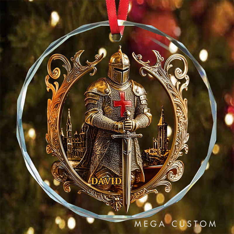 Personalized Strong Warrior Christian Round Shaped Glass Ornament with Name Tree Decoration Christmas Gift for Christian