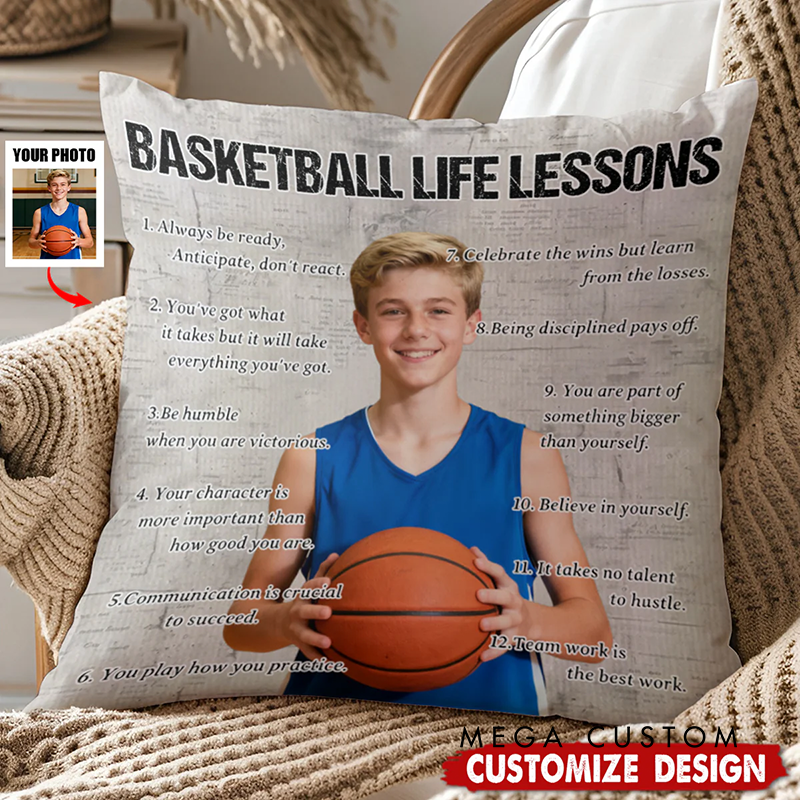 Personalized Basketball Life Lessons Pillow with Custom Photo and Inspirational Quotes