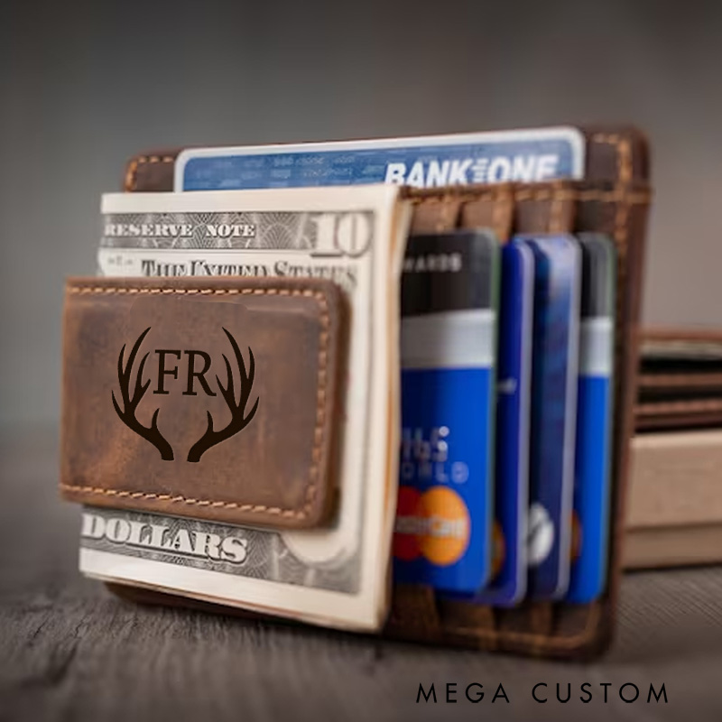Personalized Crazy Horse Leather Money Clip Wallet Deer Hunting Wallet Money Clip Magnetic Money Clip Wallet for Husband Boyfriend Hunting Lover