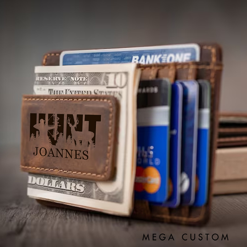 Personalized Crazy Horse Leather Money Clip  Engraved Outdoor Hunting Lover Magnetic Money Clip Wallet  for Husband Boyfriend 