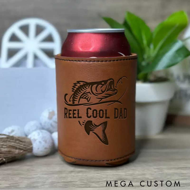 Personalized Fishing Can Cooler Leather Drink Holder Perfect Gift for Fishing Dads Father's Day Grandpa Boyfriend Birthdays and Special Occasions