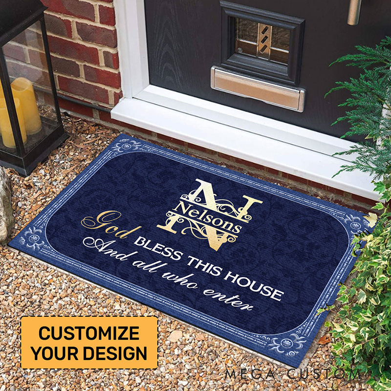 Personalized God Bless this House and All Who Enter Doormat with Family Name Non-Slip Durable Front Door Decor Religious Gift for Faithful Family