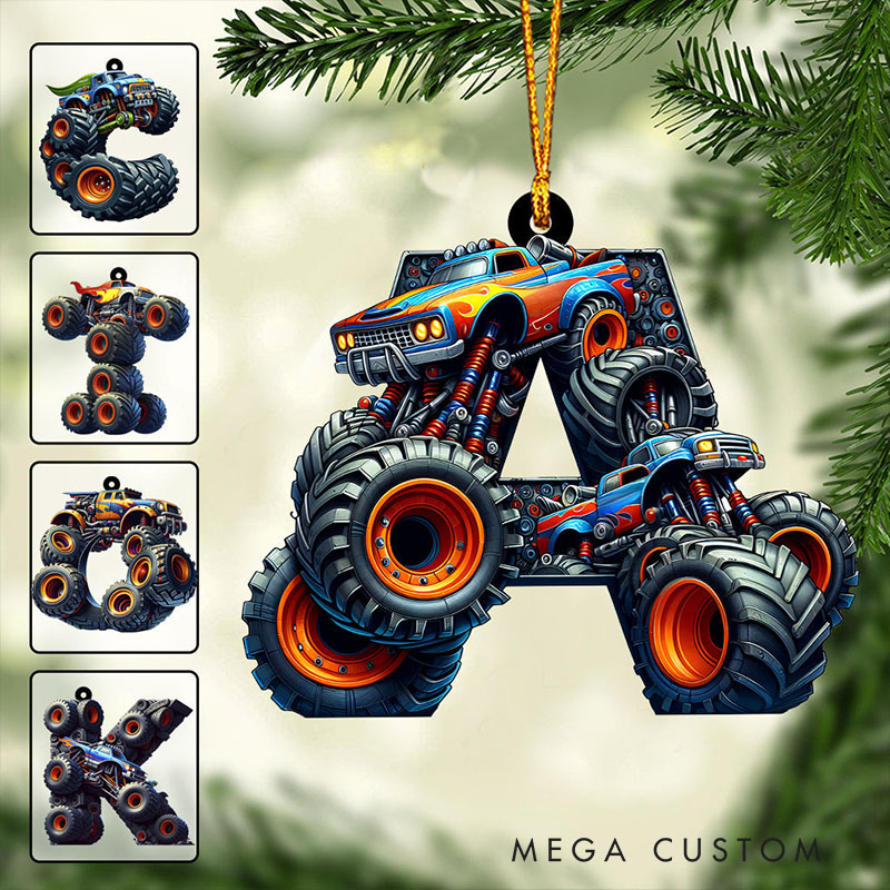 Personalized Monster Truck Alphabet Ornament with Custom Letter and Bold Off-Road Design Perfect for Adventurous Spirits Christmas Ornament