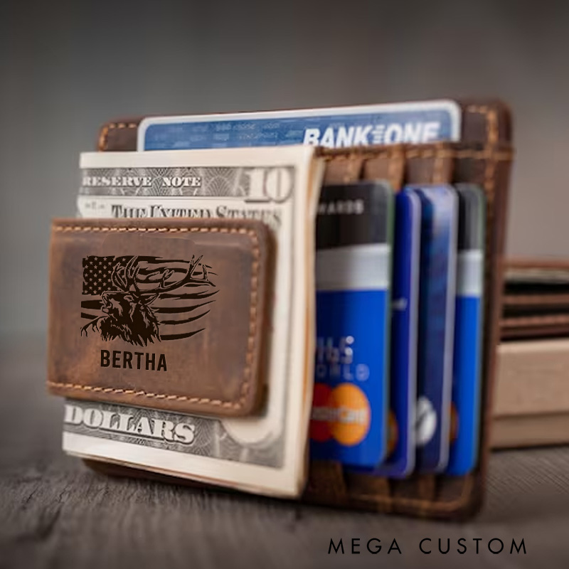 Personalized Crazy Horse Leather Money Clip Engraved Hunter Lover Magnetic Wallet Business Card Holder for Husband Boyfriend