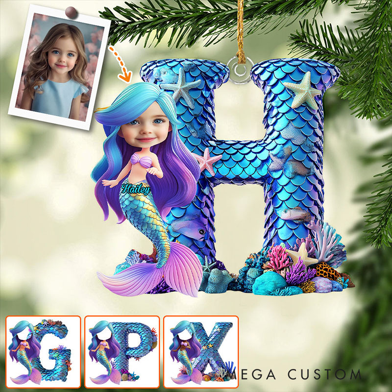 Personalized Mermaid Alphabet Ornament with Custom Letter and Photo Enchanting Underwater Design Perfect for Magical Holiday Decor Christmas Ornament