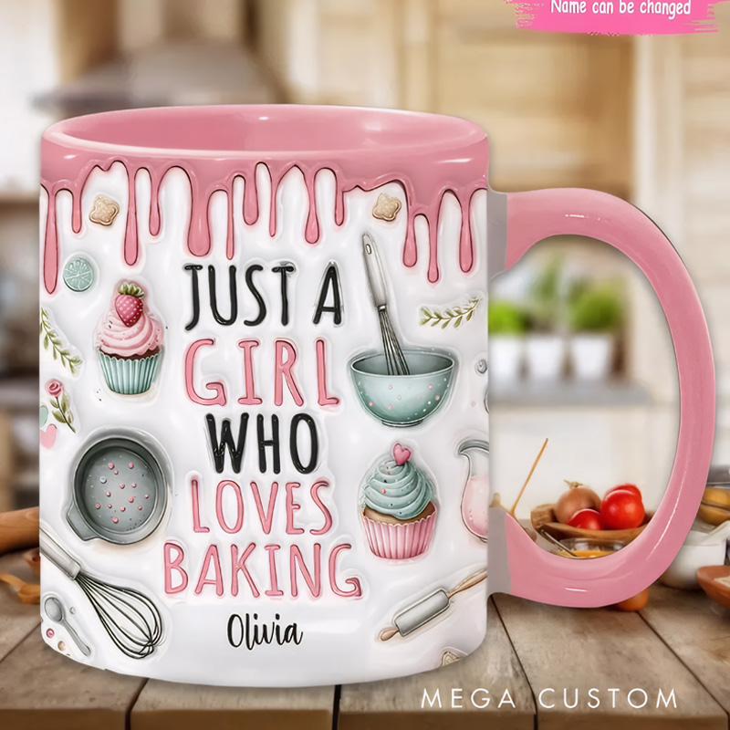 Personalized Just a Girl Who Loves Baking Mug with Name 11oz Ceramic Baking Accent Mug Coffee Cup for Baker Mom Sister Daughter Baking Lover Gift