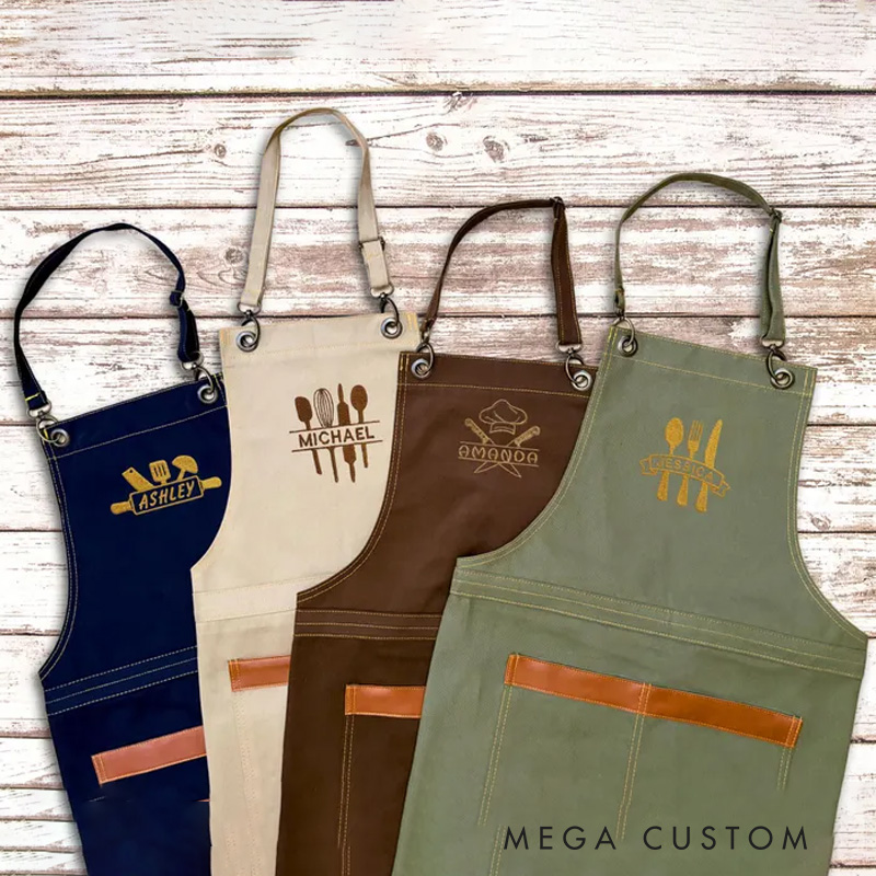 Personalized Canvas Chef Apron with Pockets Embroidered Kitchen Wear for Restaurants and Home Cooking Baking Lover Gift