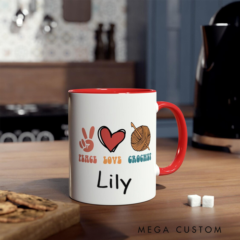 Personalized Name Peace Love Crochet Retro Mug Best Friend Novelty Mug Crocheter Birthday Gift