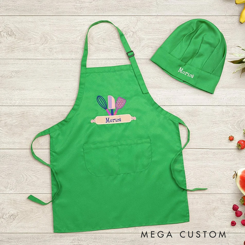 Personalized Kids Cooking Apron Embroidered Kitchen Apron with Name for Kids Baking Tools Adjustable Apron Chef Hat Set for Kids Cooking Lovers