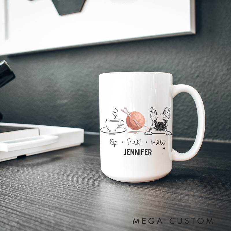 Personalized Coffee Frenchie Knitting Mug Ceramic 15oz Birthday Knitting Gift For Her Knitting Coffee Mug Gift For Knitter Dog Lover