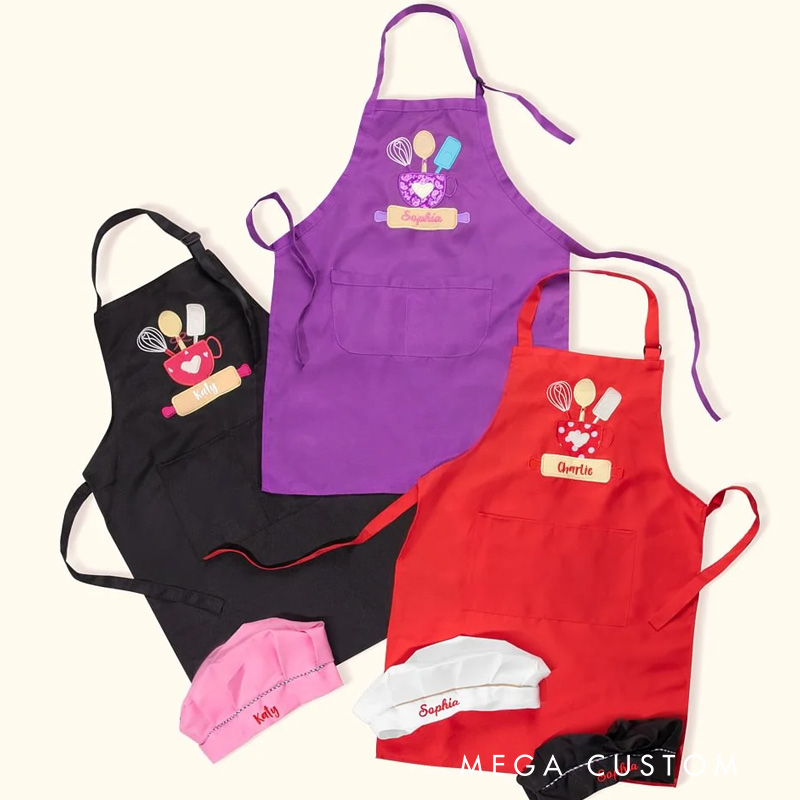Personalized Baking Tools Adjustable Boy Girl Apron Chef Hat Set with Embroidered Name and Pocket Birthday Gift for Kids Cooking Lovers