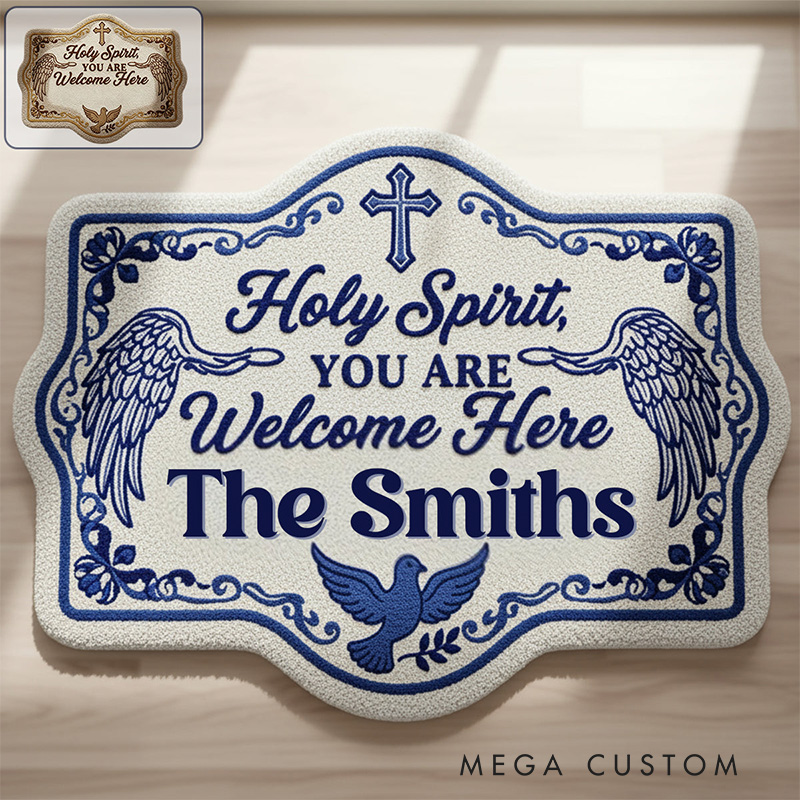 Personalized Holy Spirit You are Welcome Her Christian Non-Slip Tufted Rug with Family Name Home Decor Welcome Rug Religious Gift for Faithful Family