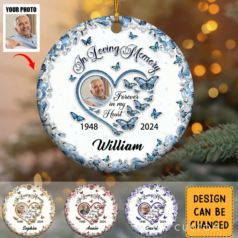 Personalized Ceramic Ornament Sparkling Heart Memorial Butterflies Ornament Gift for Family and Memorial Keepsake 