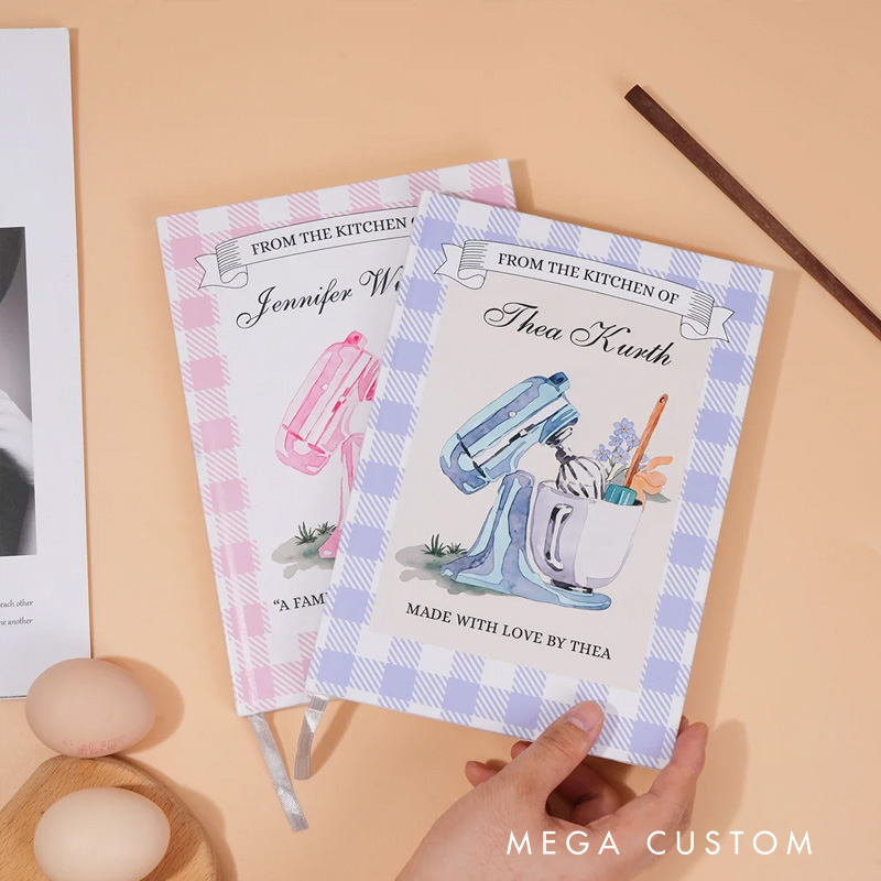 Personalized Watercolor Mixer Checkered Baking Recipe Notebook with Text and Name Kitchen Bakery Gift for Moms Grandmas Bakers