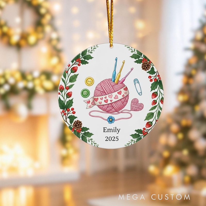 Personalized Crochet Christmas Ornament 2025 Yarn Ball Hooks and Holly Design Gift for Knitters Crafters and Crochet Lovers